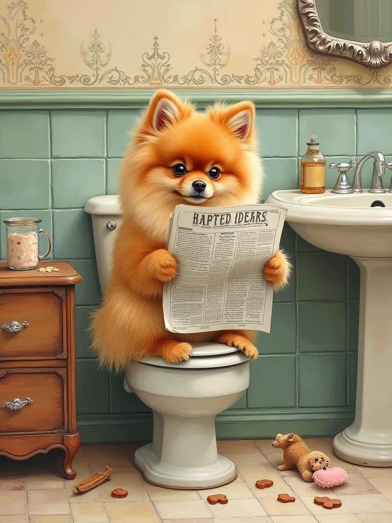 A Vintage Bathroom Scene with a Pomeranian Reading the News