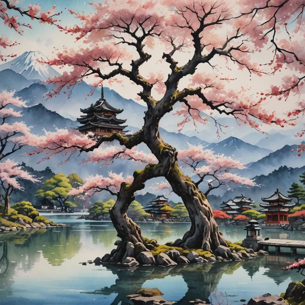 Ancient Sakura Tree Watercolor Painting