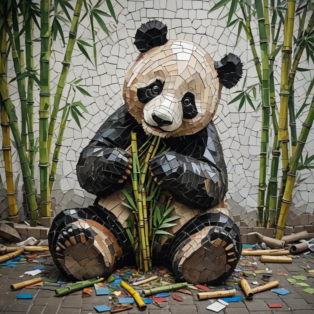 Mosaic Panda Bear Eating Bamboo in Graffiti Art Style