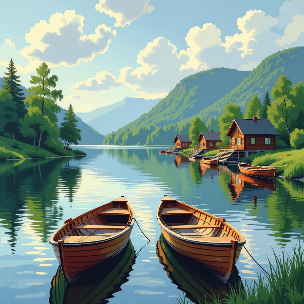 Tranquil Lakeside View in Impressionistic Style