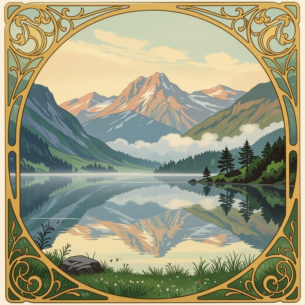 Mountain Lake in Art Nouveau Style