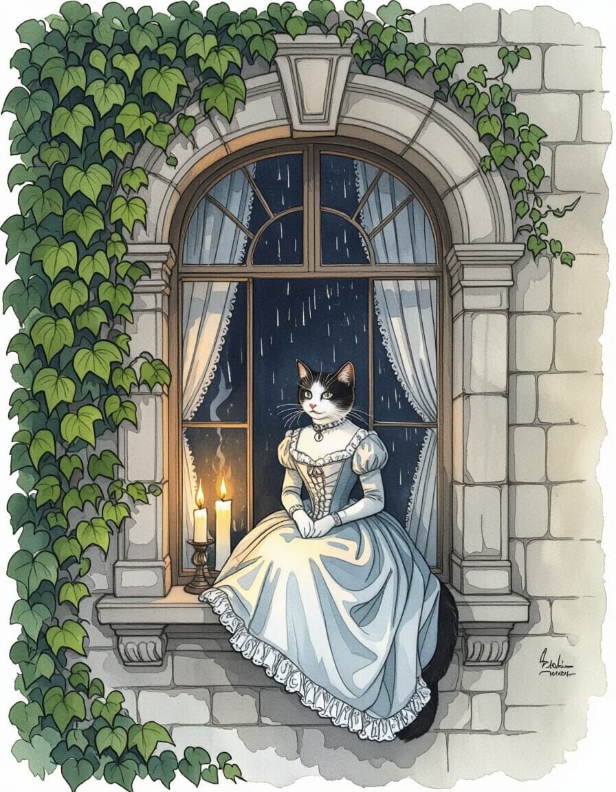 Cat in Window of English Mansion, Watercolor Style