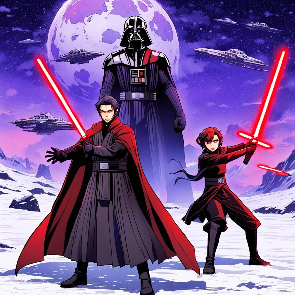 Sith Master and Apprentice on Snowy Planet in Anime Style
