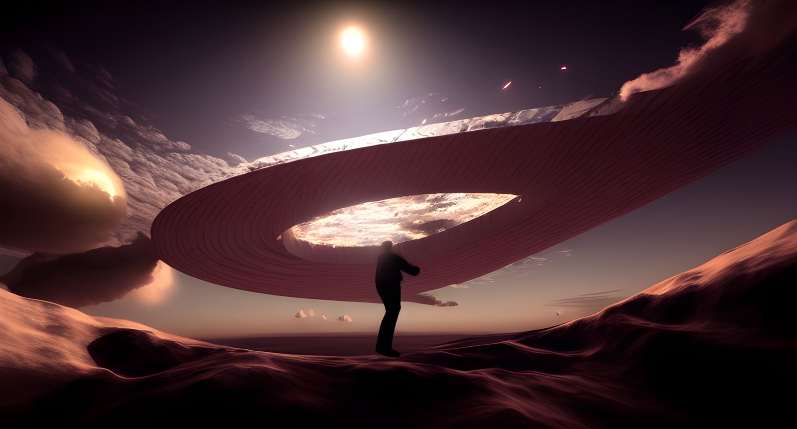 Surreal Skywalker on Metal Arch, 3D Render