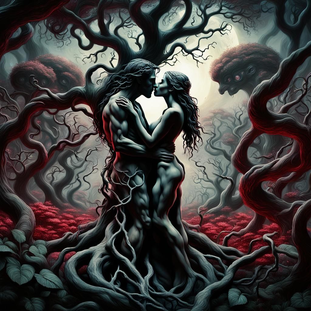 Adam and Eve's Kiss in Eerie Eden