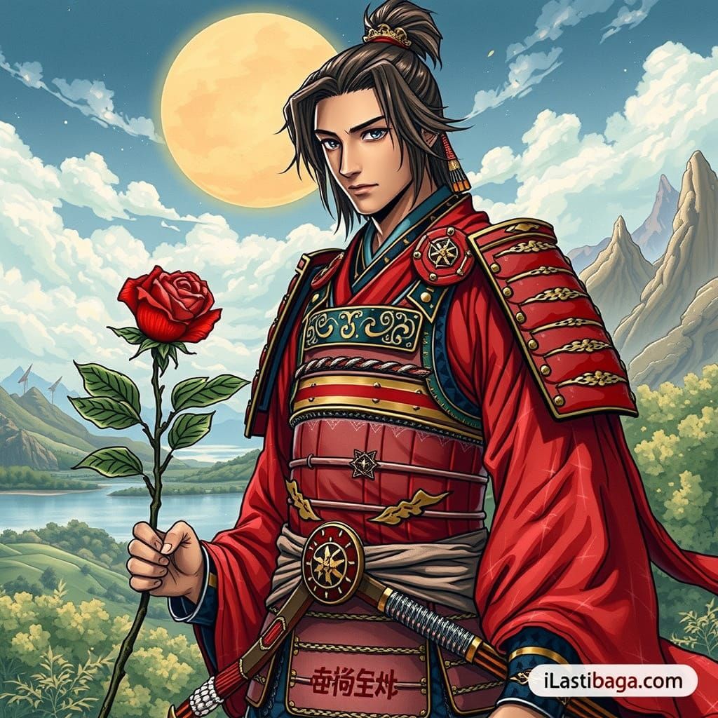 Elegant Samurai in Crimson Armor Stands with Morning Rose