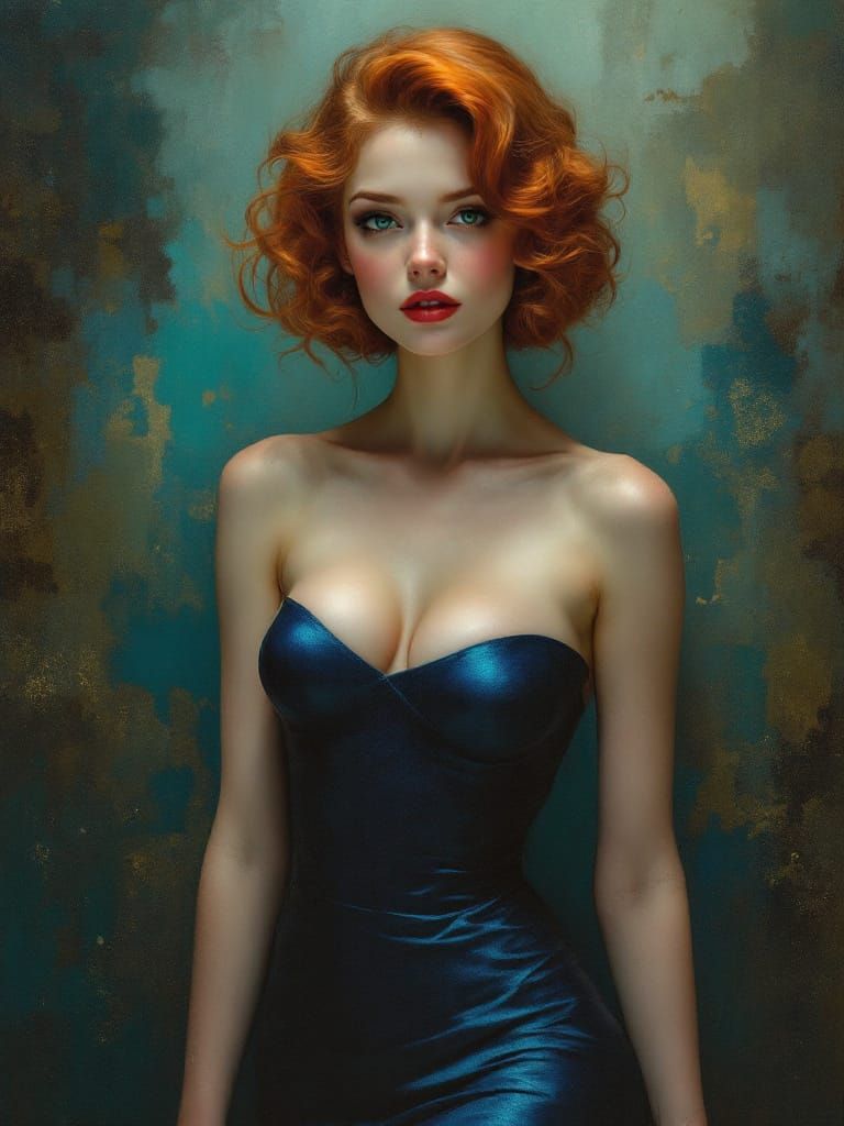 Redhead Pin-Up in Blue Dress, Tonalist Oil Painting Style