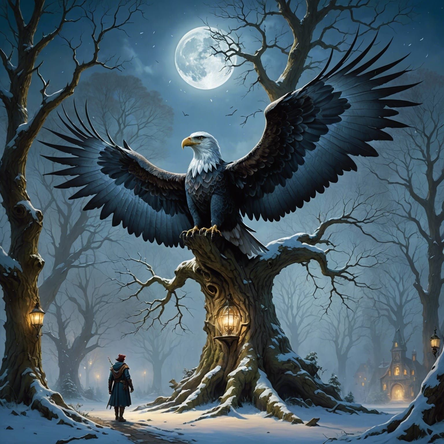 Winged Fae Under Sycamore Tree in Winter