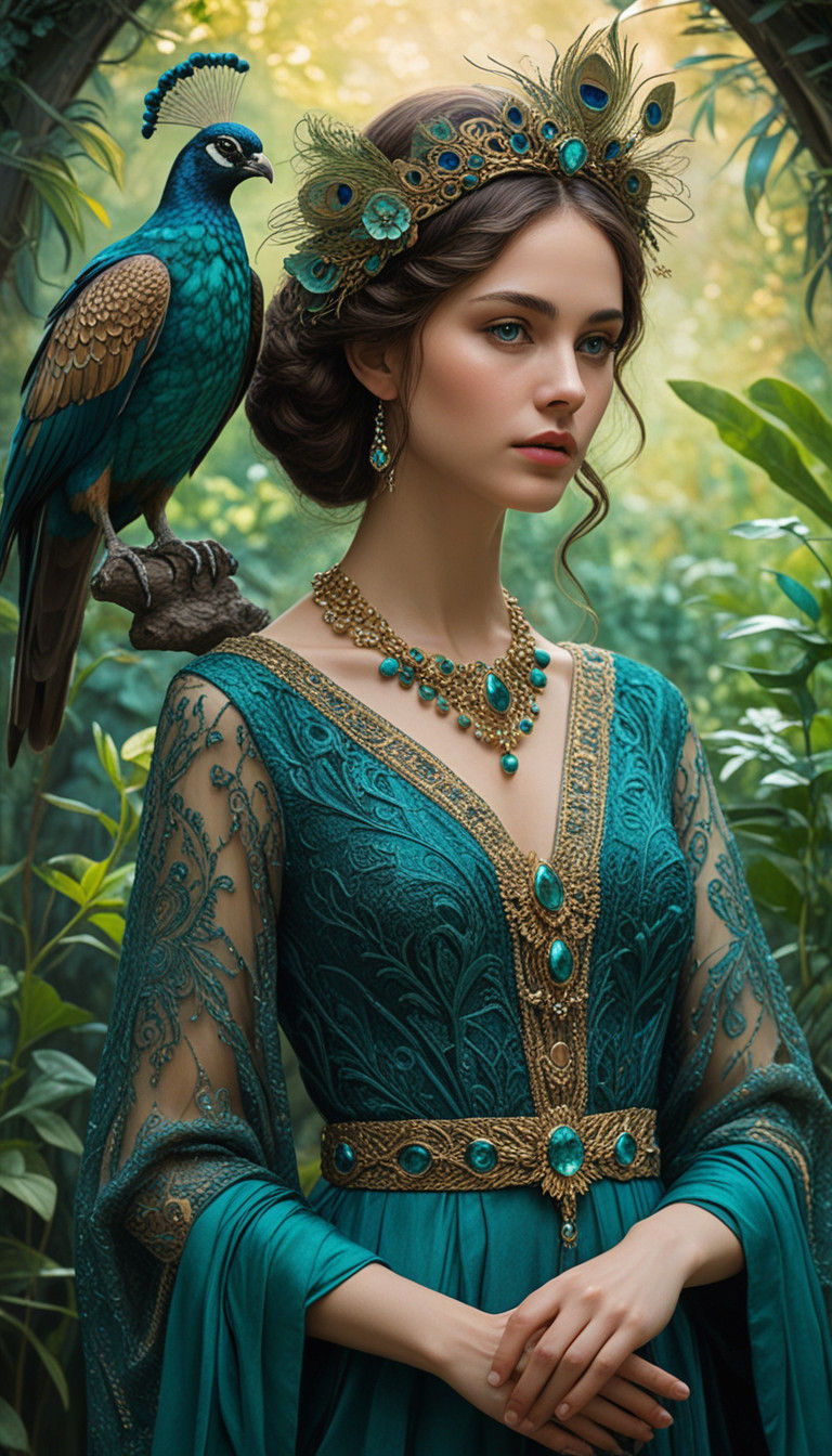 Regal Woman with Majestic Falcon in Vibrant Oil Painting Sty...