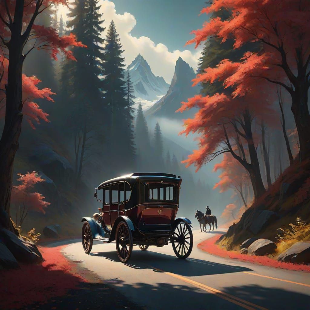 Glowing Road Through Bioluminescent Forest in Film Noir Styl...