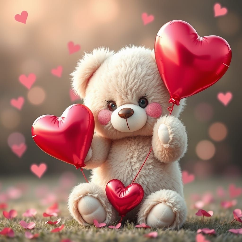 Cute Teddy Bear Holding Balloon Love Hearts in a Misty Scene