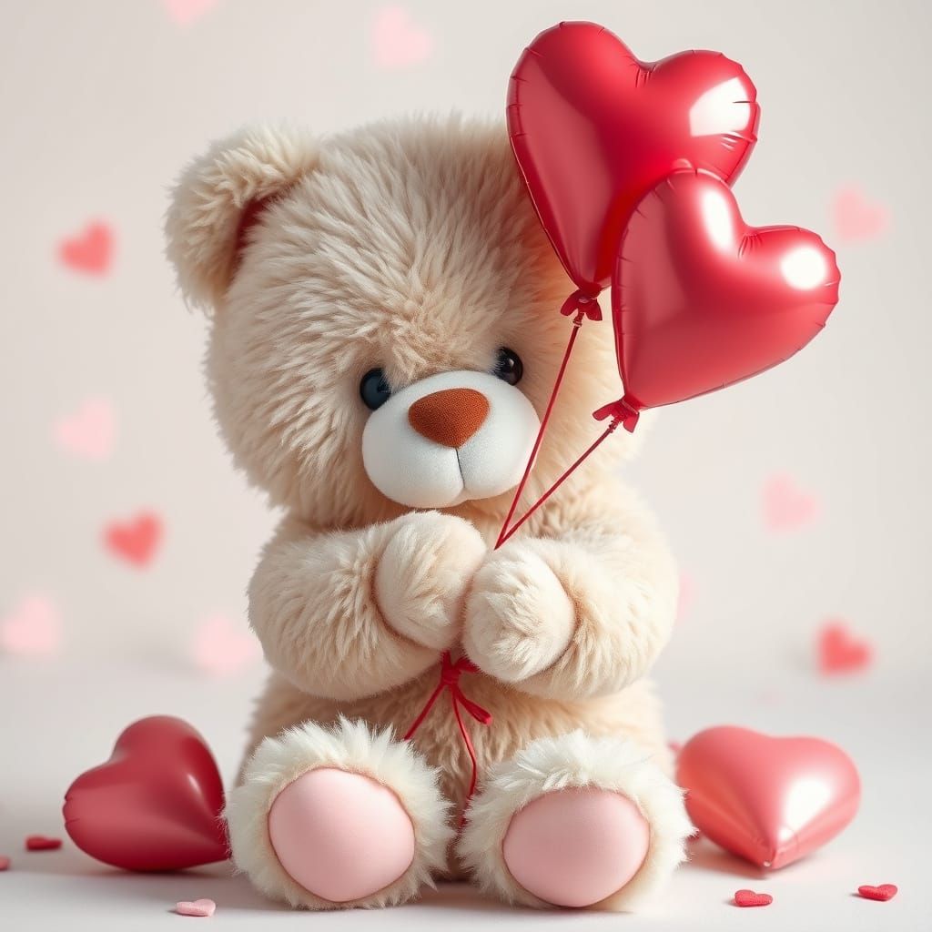 Cute Teddy Bear Holding Balloon Love Hearts in a Misty Scene
