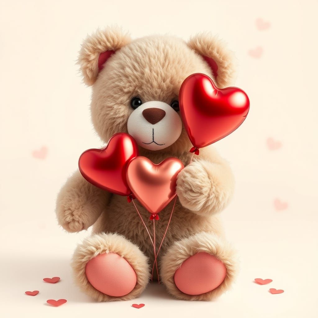 Cute Teddy Bear Surrounded by Love Hearts in a Misty Landsca...