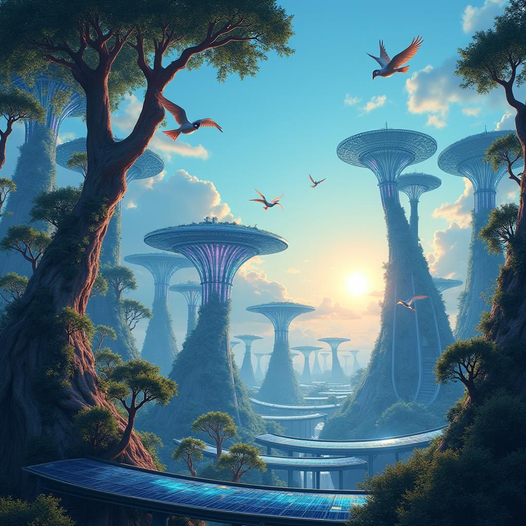 Utopian Cityscape: Nature Meets Futuristic Technology