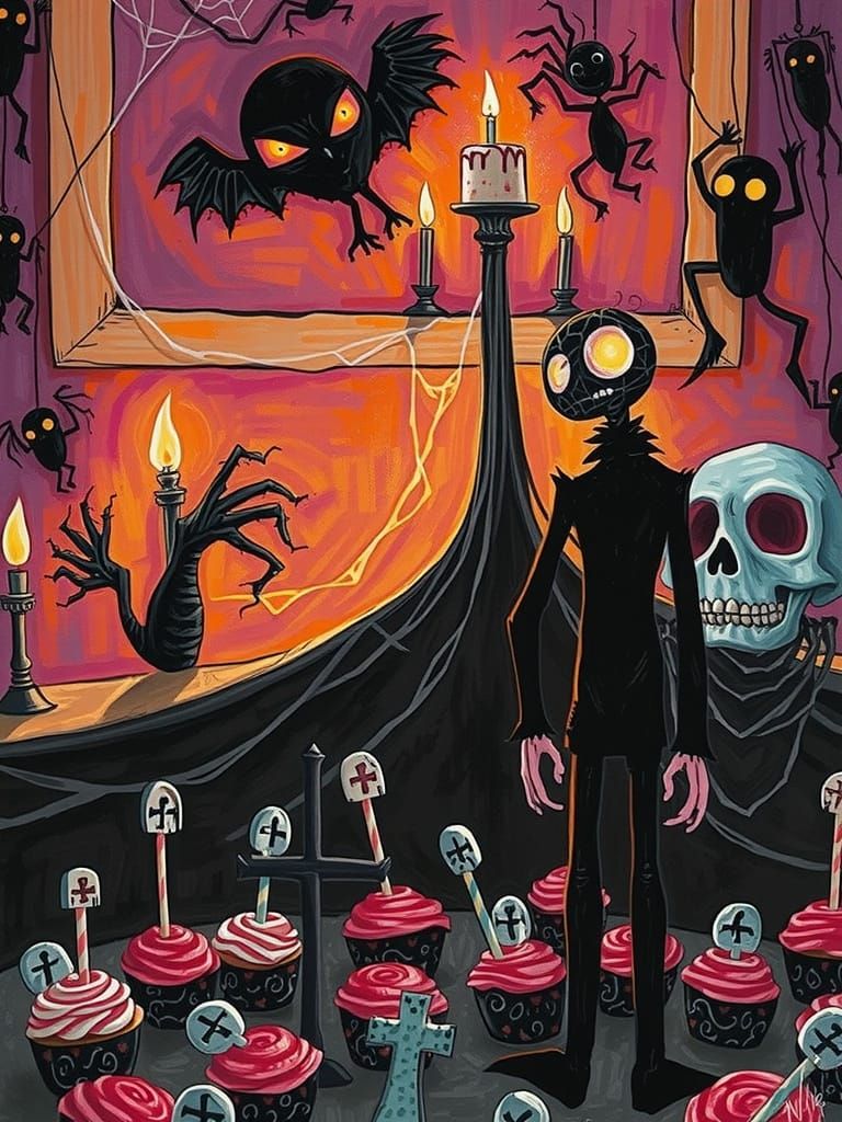 Eerie Birthday Party Scene with Spectral Aura Cake