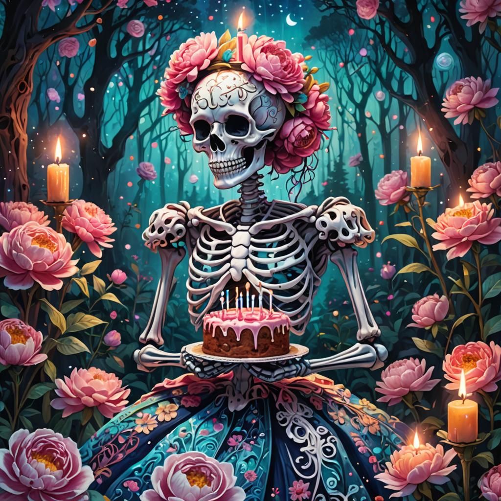 Girly Skeleton with Birthday Cake in Astral Forest