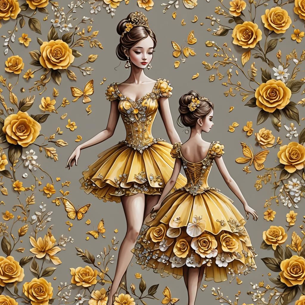 Elegant Ballerina in Swirling Floral Dress with Fairy Wings