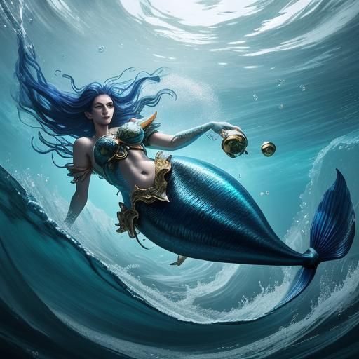 Mermaid and Dog Playing in Sea Water: Concept Art