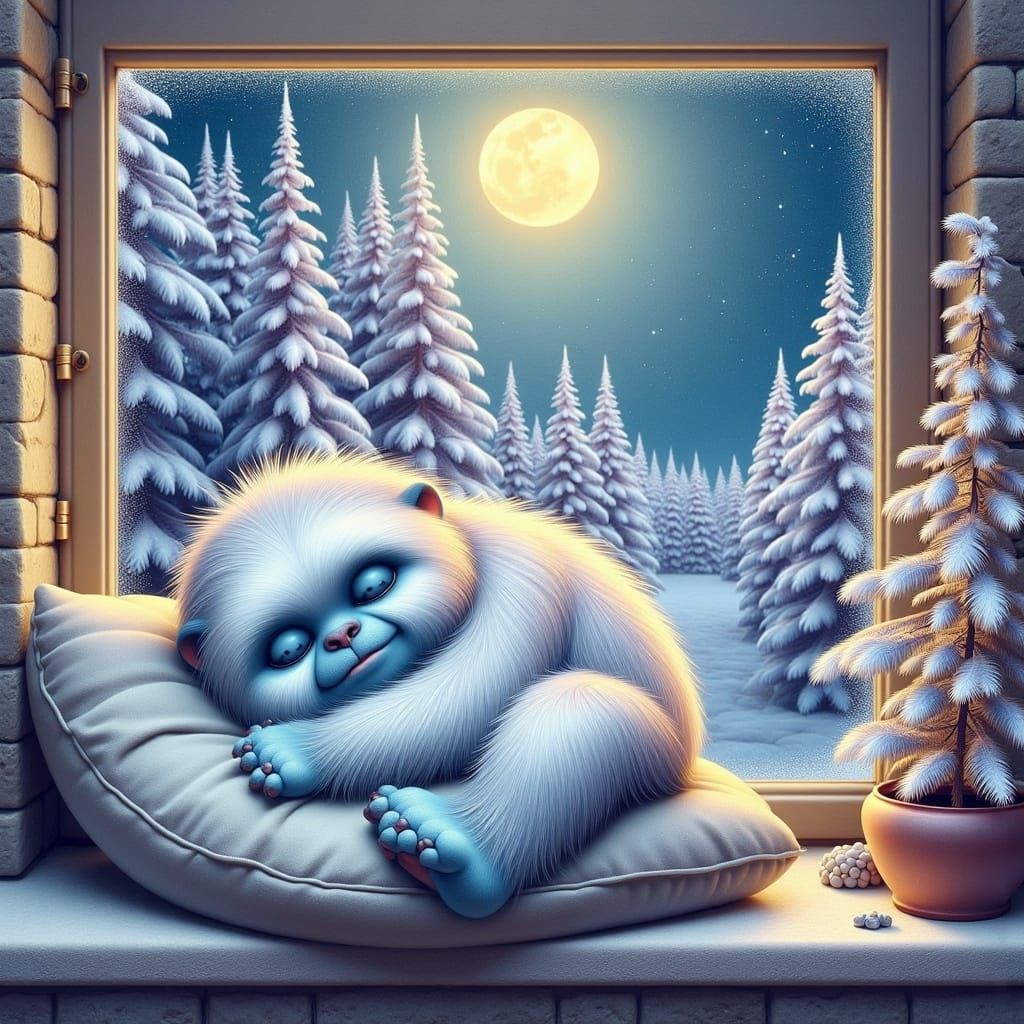 Yeti Sleeps Peacefully on Windowsill in Winter Night