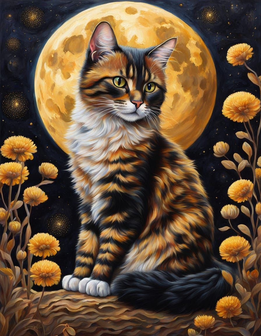 Tortoiseshell Cat in Golden Landscape Oil Painting