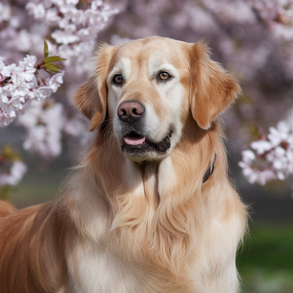 Golden Retriever in Cherry Blossom Garden