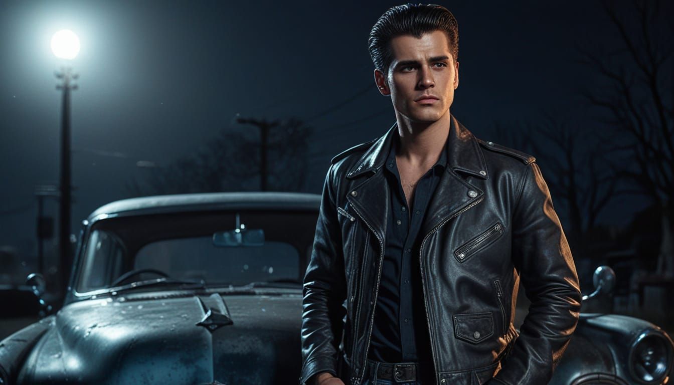 Icy Greaser Leans on Car in Photorealistic Style
