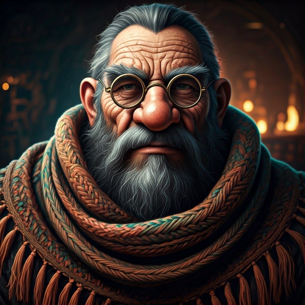 Dwarf Alchemist in Whimsical, Intricately Patterned Attire