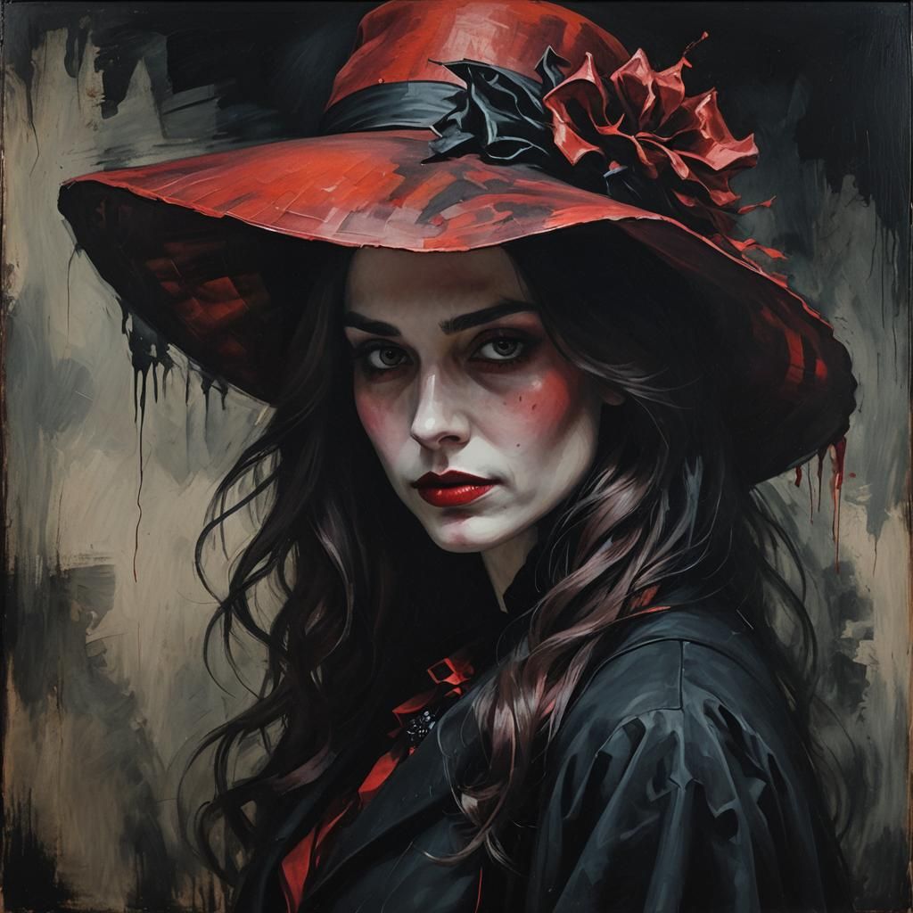 Gothic Portrait of Woman in Large Red Hat