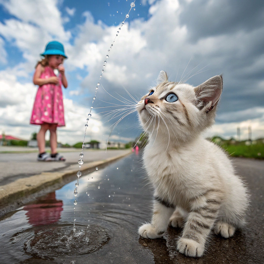 Striped Cat in Puddle, Hyperrealistic Splash Art
