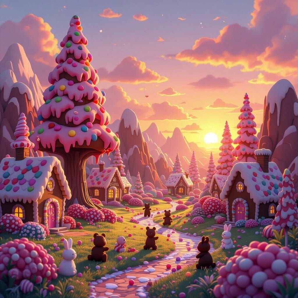 Magical Candy Forest at Sunset in Whimsical Cartoon Style