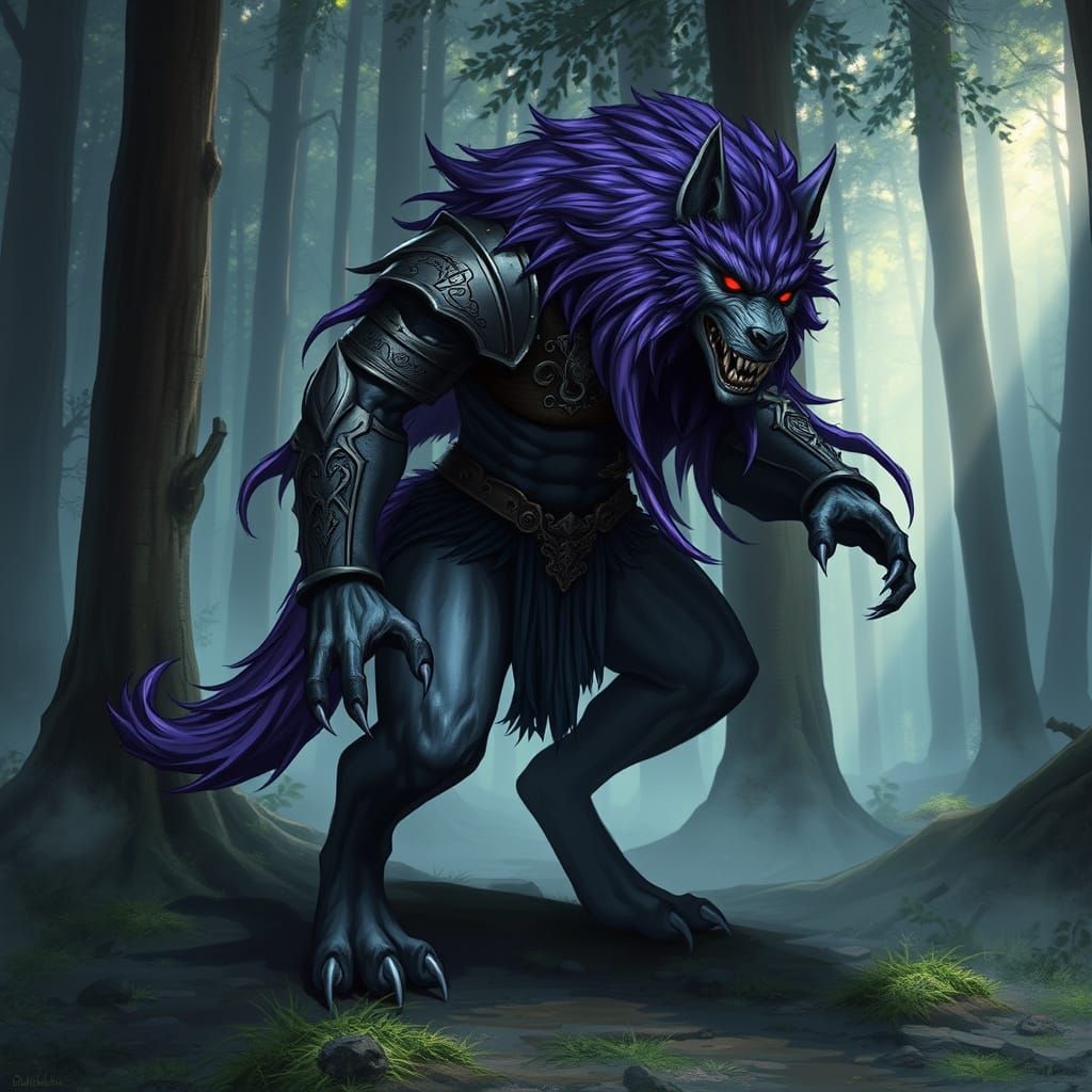 Mystical Werewolf in Cyberpunk Armor Stands Tall in Misty Fo...