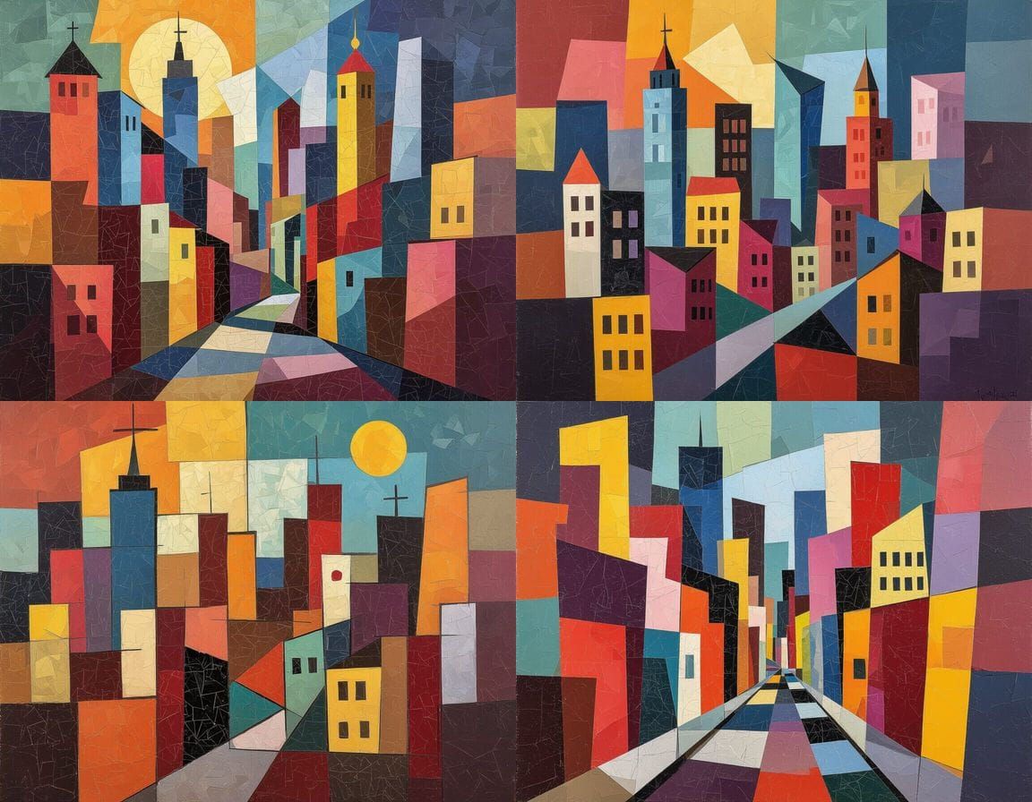 Multi-Colored Paper Collage Cityscape in Cubist Style