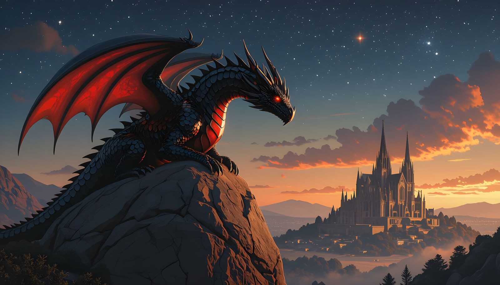 Hyperrealistic Dragon Overlooking Gothic Cathedral at Night