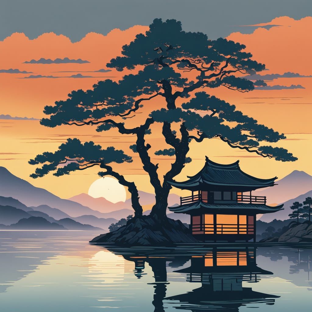 Serenely Pictured Lakeside House in Traditional Japanese Woo...