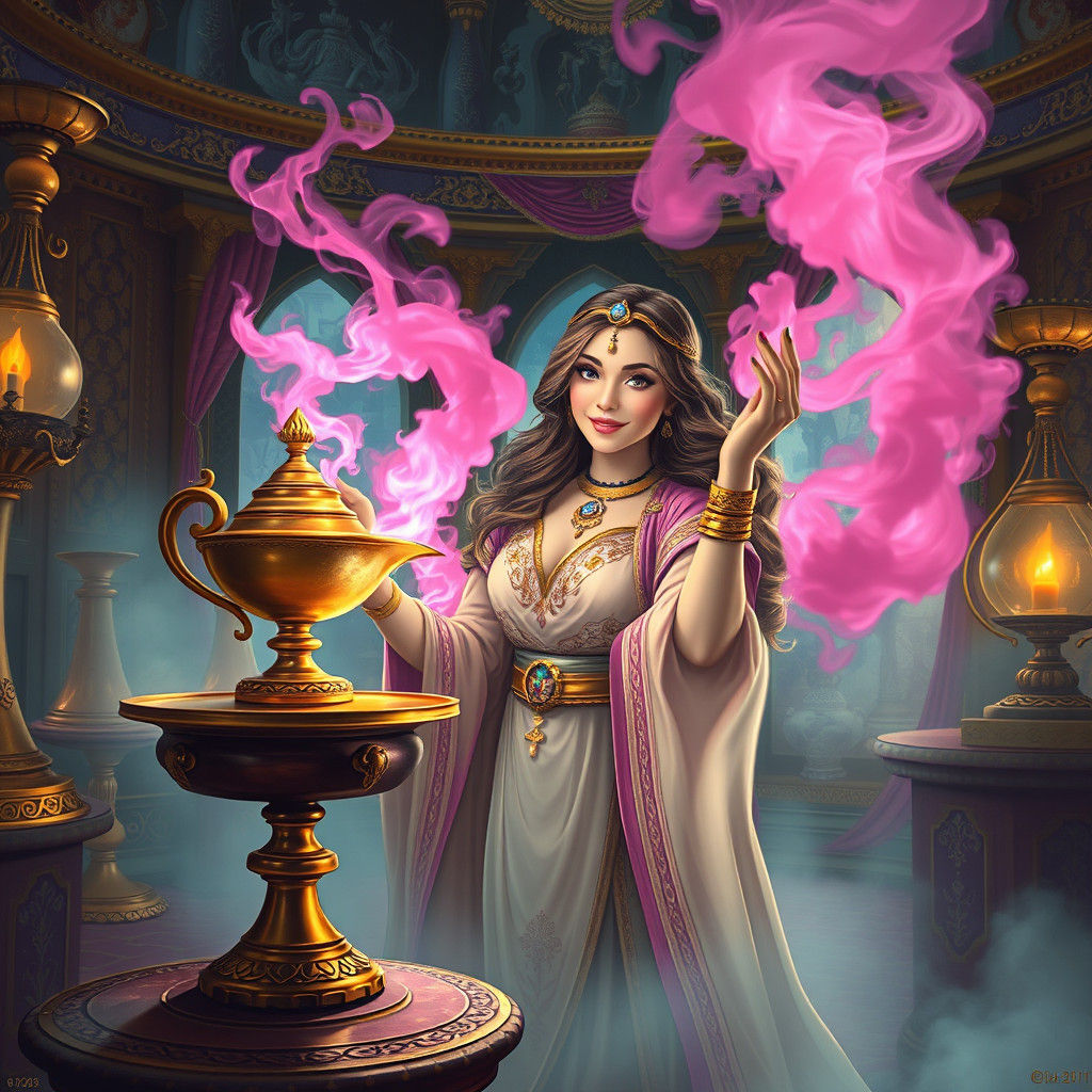 Female Genie Emerges from Magic Lamp