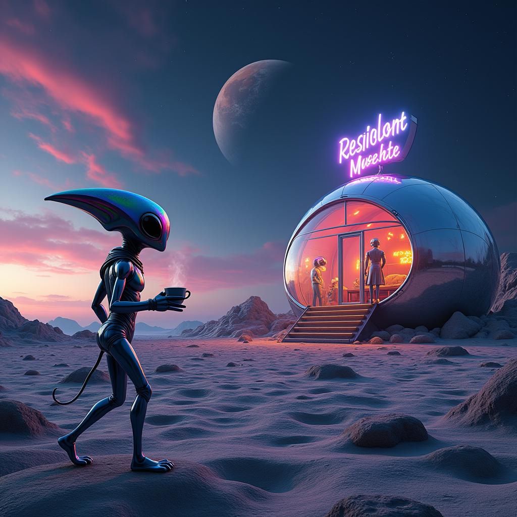 Alien Sipping Coffee at Lunar Restaurant