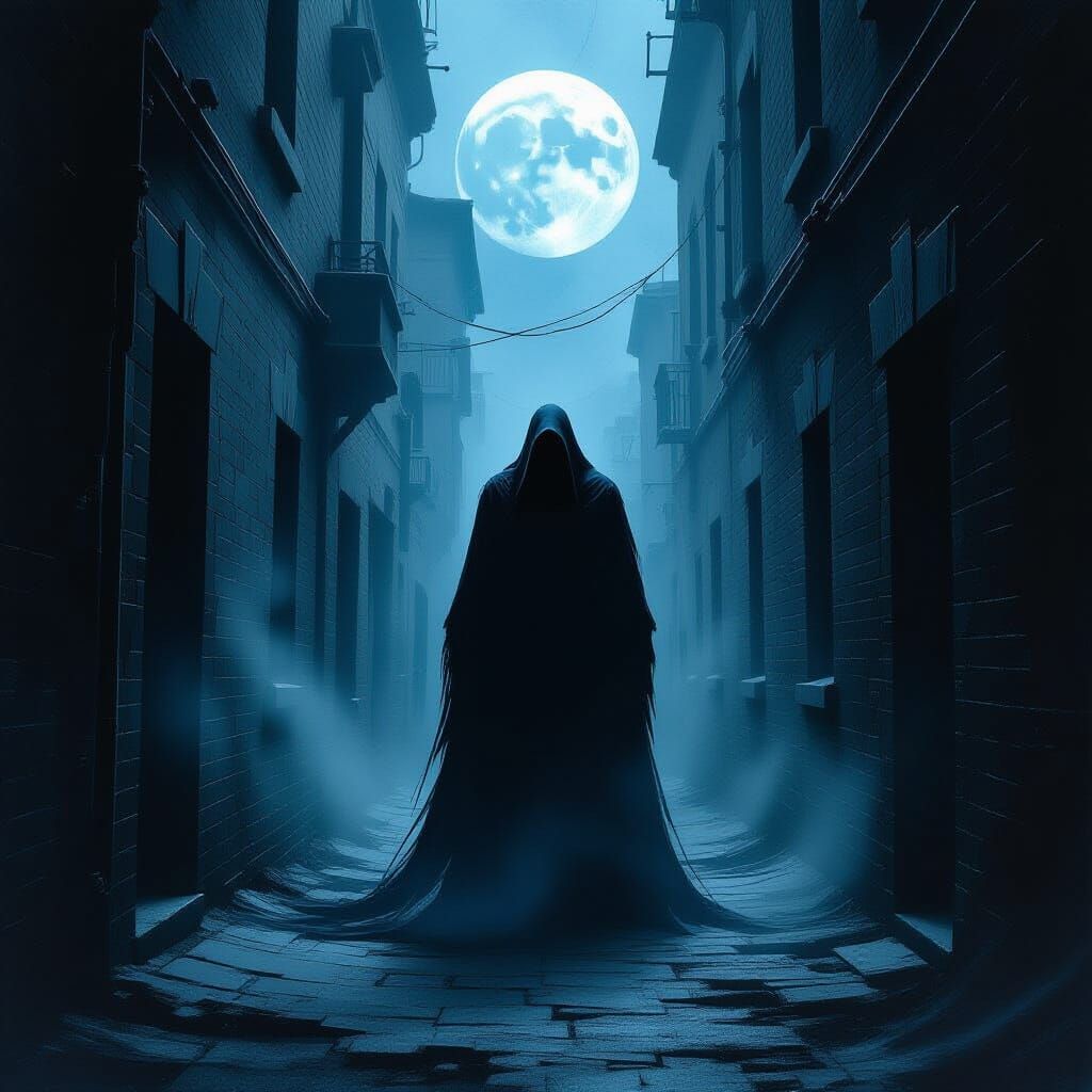 Eerie Figure in Moonlit Alleyway: Gothic Cyberpunk