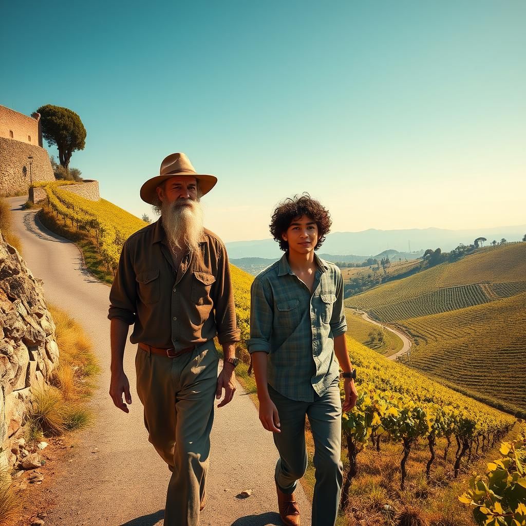 Italian Men Strolling Through Vineyards in Digital Painting