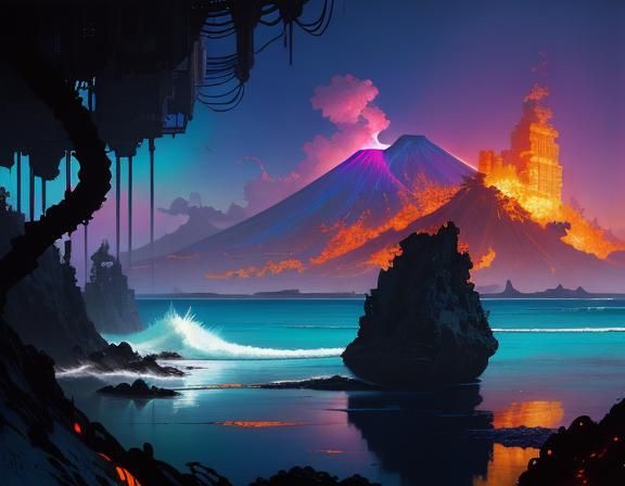 Tropical Cyberpunk Fortress on Turquoise Shore