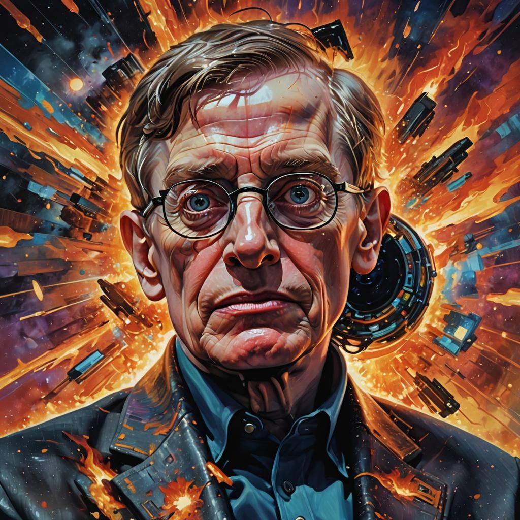 Stephen Hawking with Fiery Reflection: Biopunk Portrait