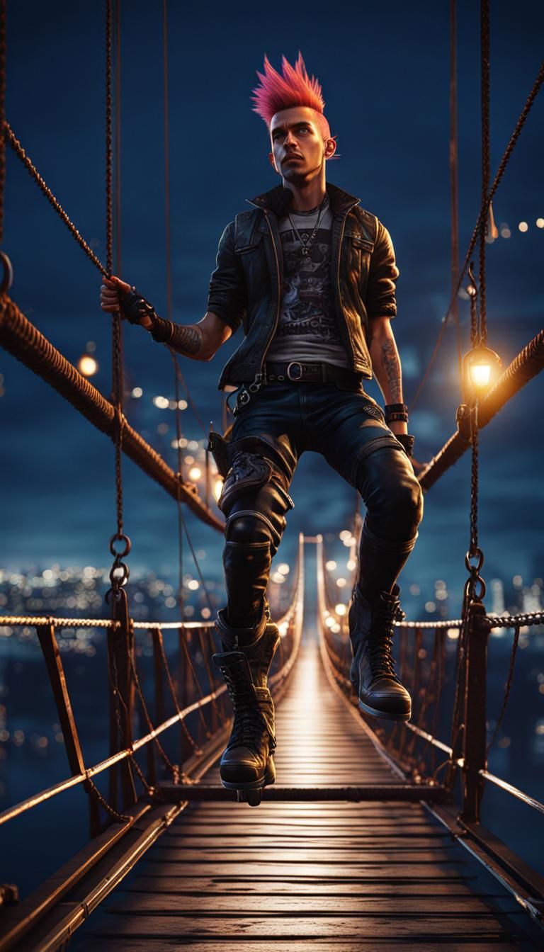 Punk Character on Suspension Bridge at Night