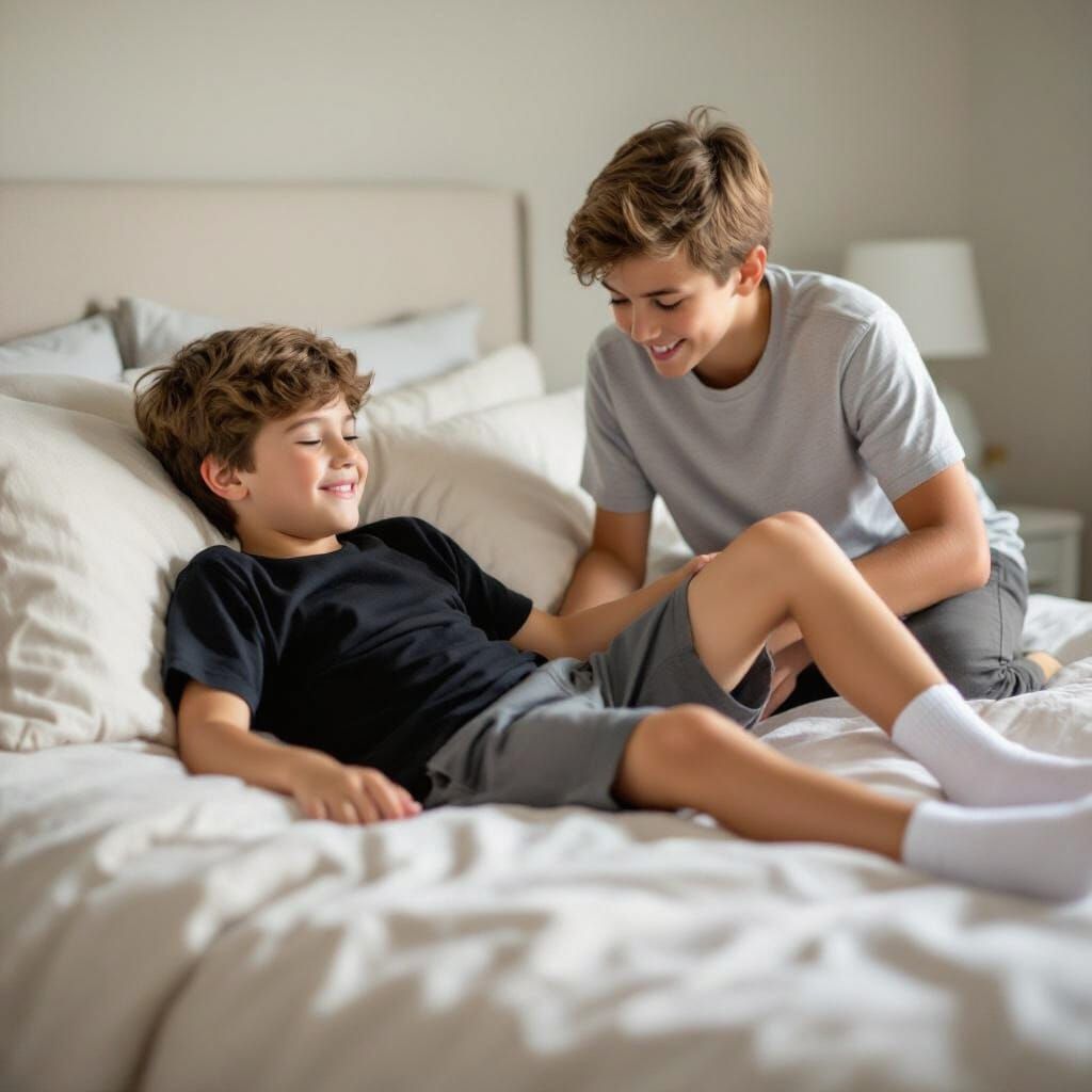 Realistic Childhood Friends Playful Bedroom Scene