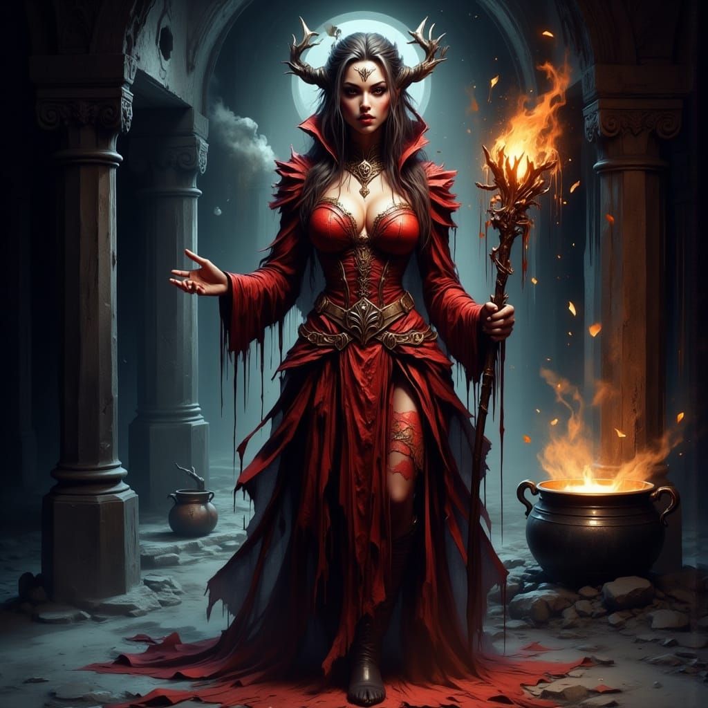 Gothic Sorceress Casting Spells in Dark Cave