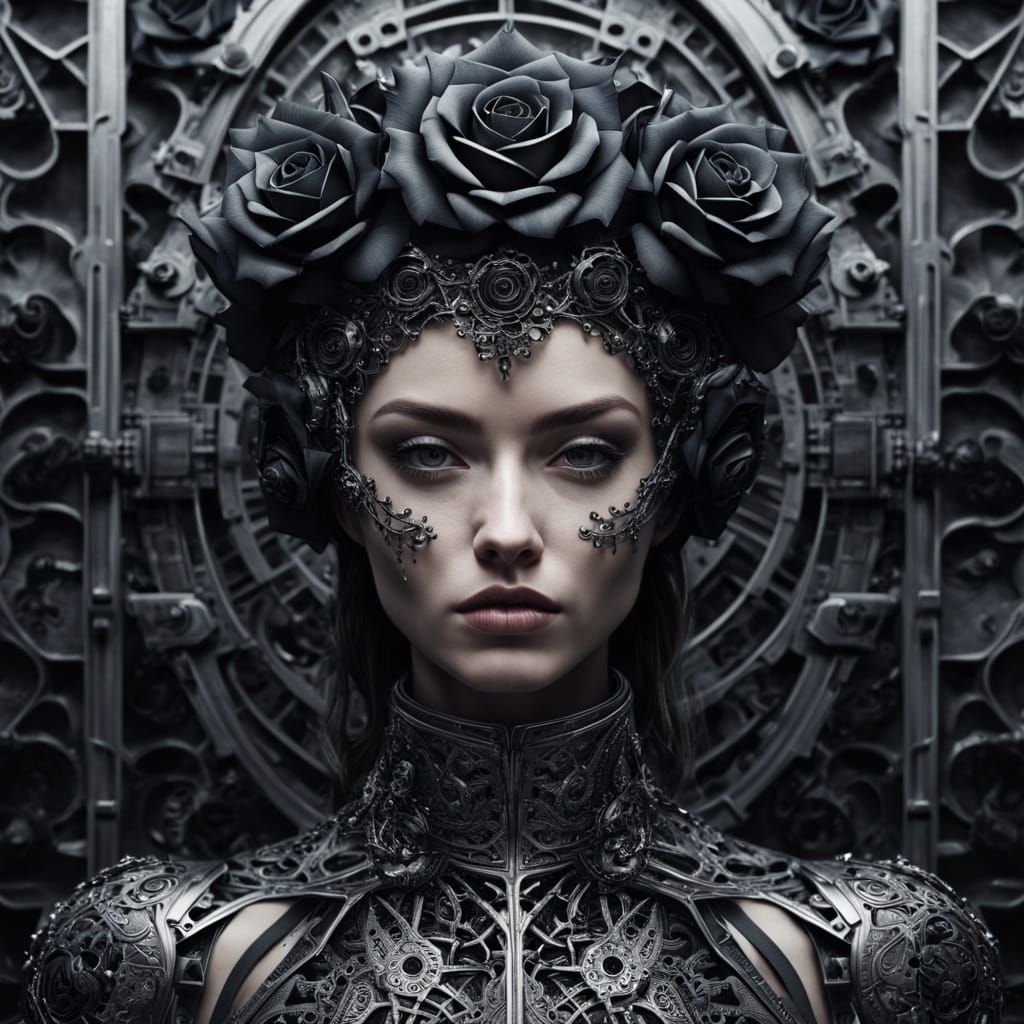 Futuristic Gothic Portrait of Woman with Rose Crown
