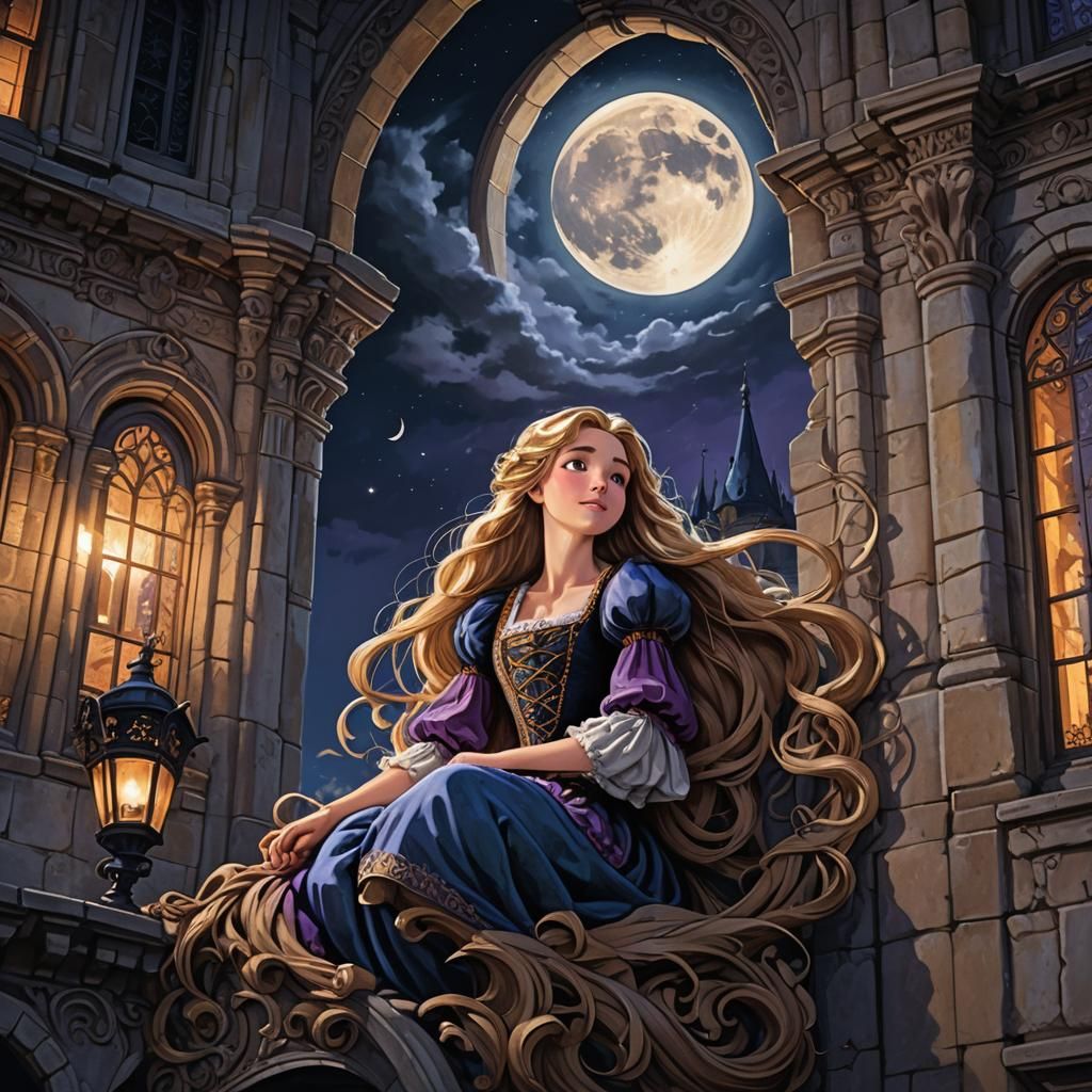 Rapunzel in Tower: Baroque Painting with Moonlight