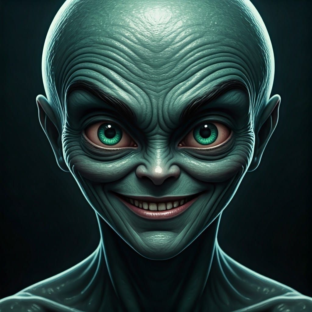 Mischievous Smiling Alien Face Close-Up