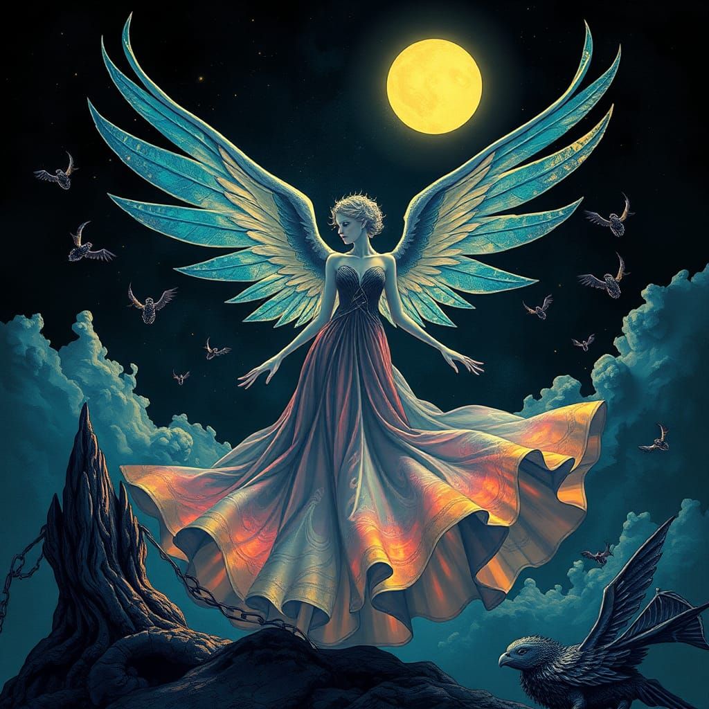 Surreal Fairy with Iridescent Wings Under Moonlight