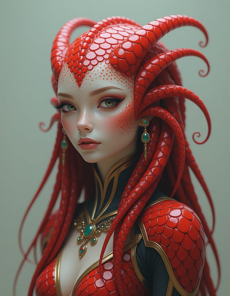 Beautiful Alien with Red Scales and Tentacles