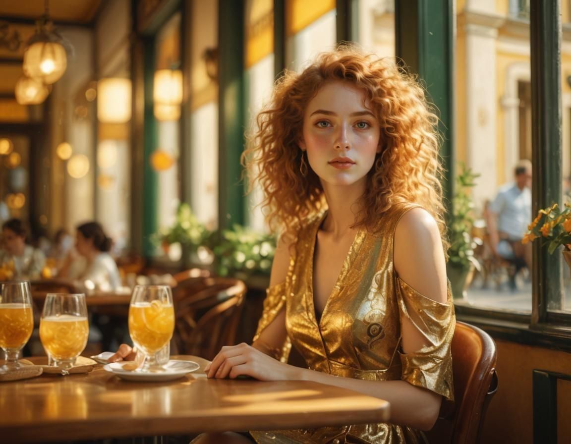 Girl in Sunny Cafe, Art Nouveau Style
