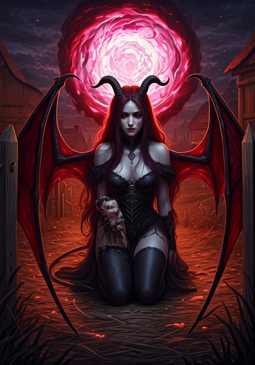 Sorrowful Demoness Kneeling Before Child, 3D Anime Art